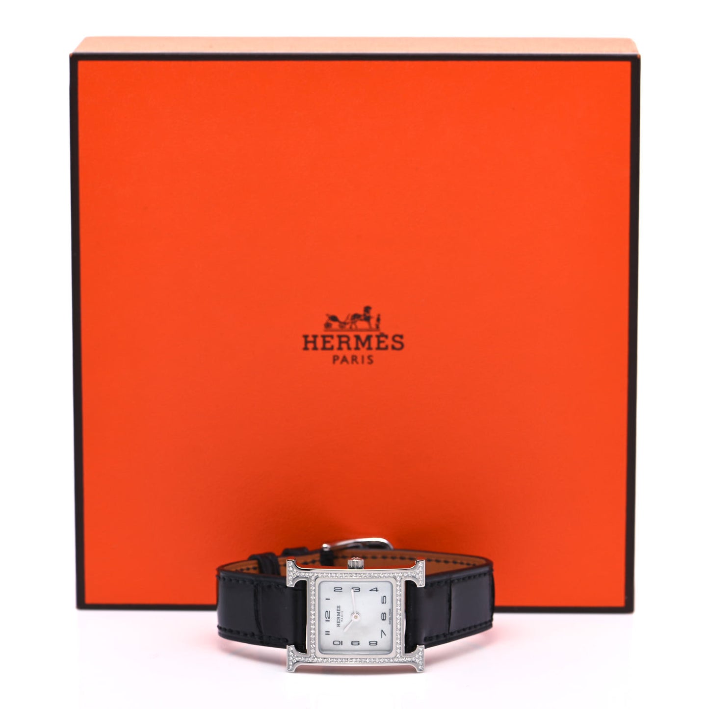 Stainless Steel Alligator Diamond Bezel Mother of Pearl 21mm Heure H Hour Quartz Watch Noir