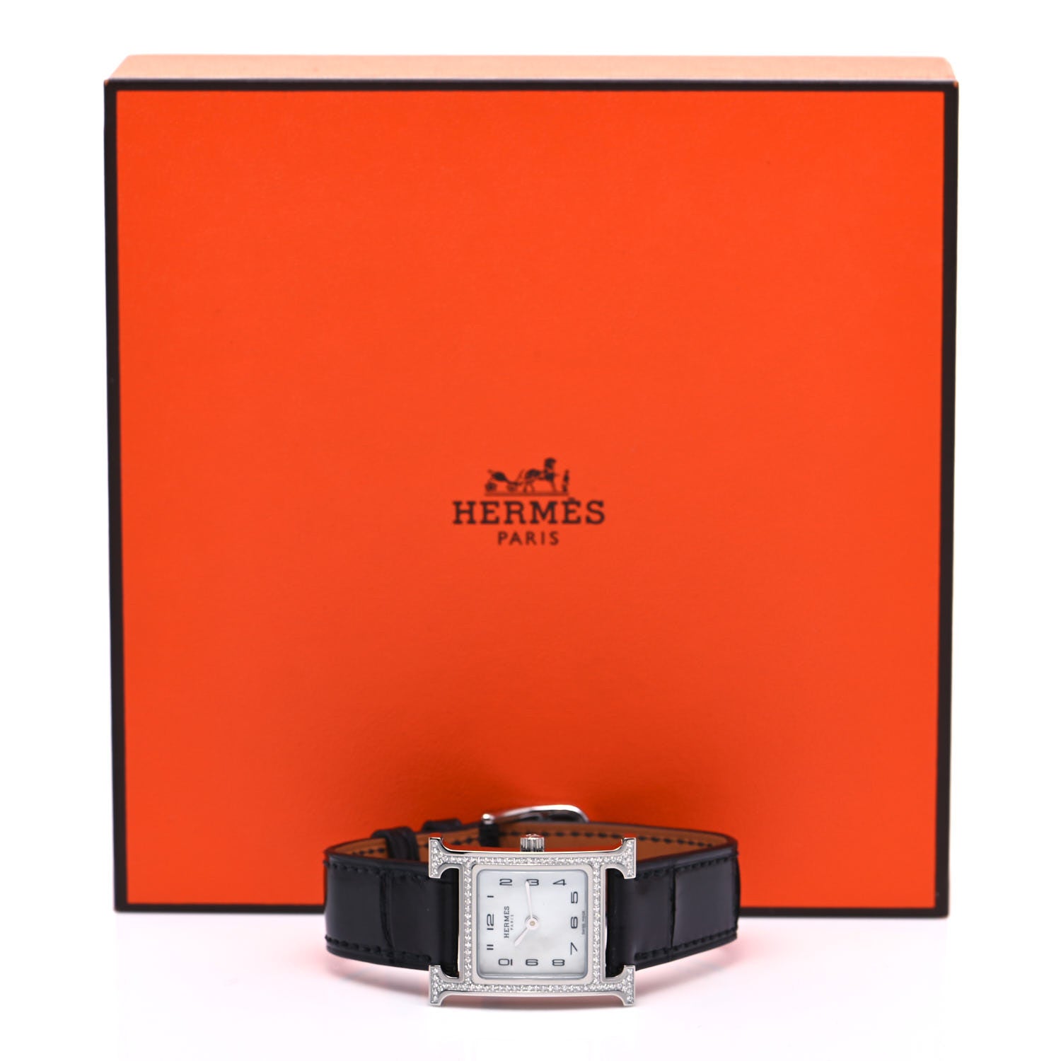 Hermes Stainless Steel Alligator Diamond Bezel Mother of Pearl 21mm Heure H Hour Quartz Watch Noir 5 of 5