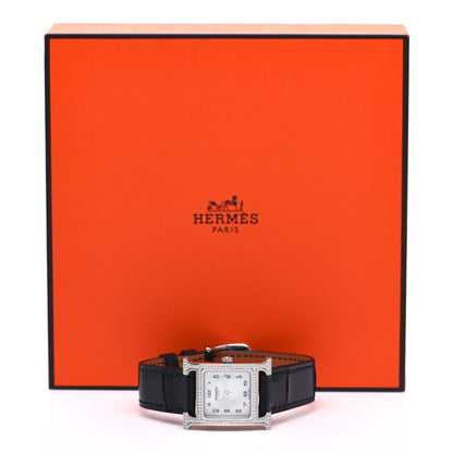 Hermes Stainless Steel Alligator Diamond Bezel Mother of Pearl 21mm Heure H Hour Quartz Watch Noir 5 of 5
