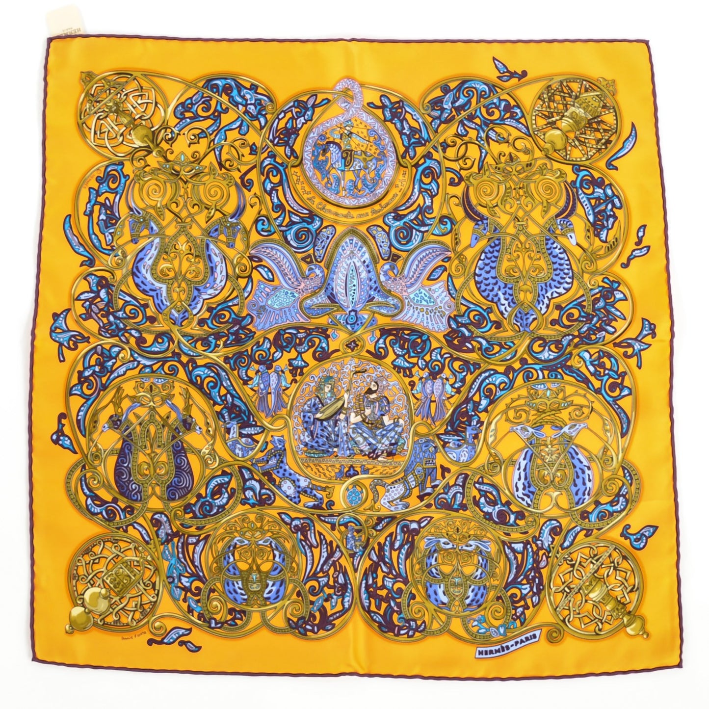 Silk La Charmante Aux Animaux Pocket Square Jaune d'Or Prune Lavande
