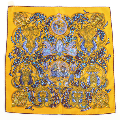 Hermes Silk La Charmante Aux Animaux Pocket Square Jaune d'Or Prune Lavande 2 of 7