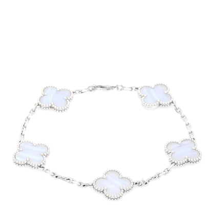 Van Cleef & Arpels 18K White Gold Chalcedony 5 Motifs Vintage Alhambra Bracelet 1 of 6