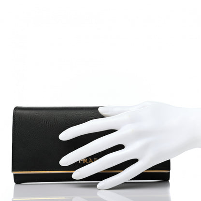 Prada Saffiano Metal Bar Continental Flap Wallet Black 2 of 7