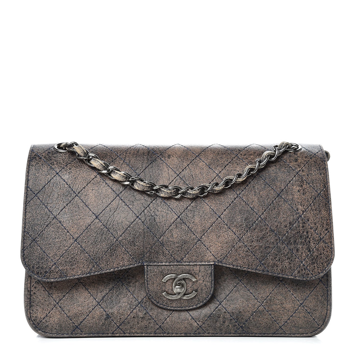 Calfskin Stitched Jumbo Double Flap Brown Blue