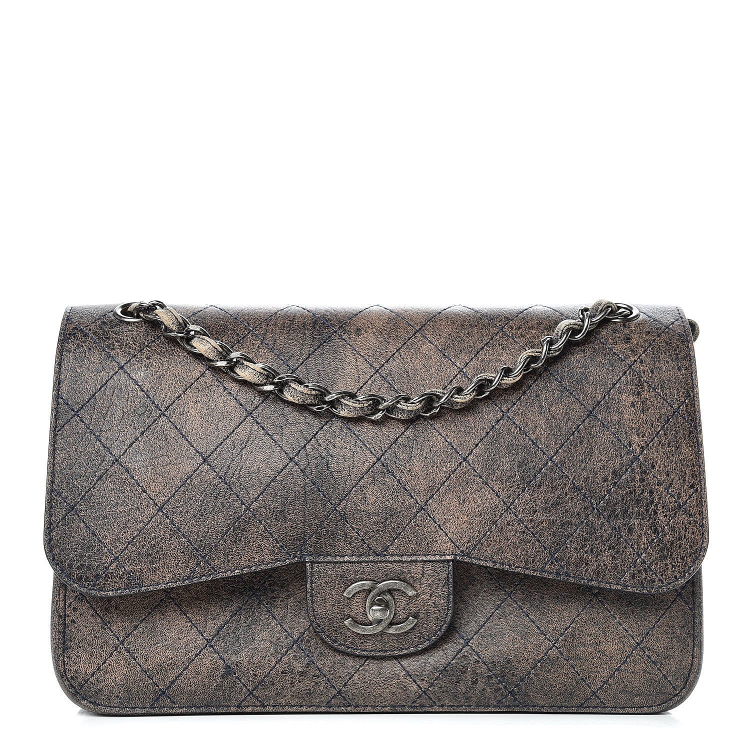 Chanel Calfskin Stitched Jumbo Double Flap Brown Blue 1 of 12