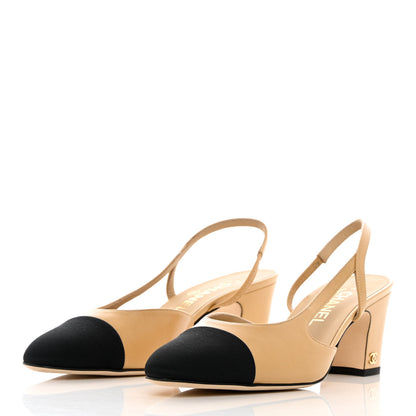 Chanel Goatskin Grosgrain Cap Toe CC Slingback Pumps 38.5 Beige Black 3 of 12