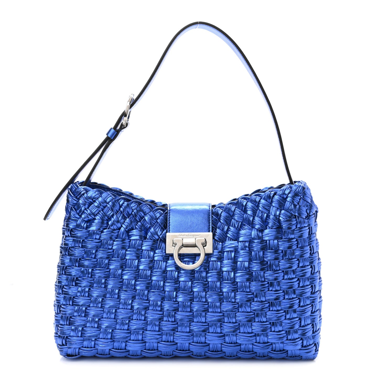 Metallic Woven Calfskin Trifolio Shoulder Bag Bluette
