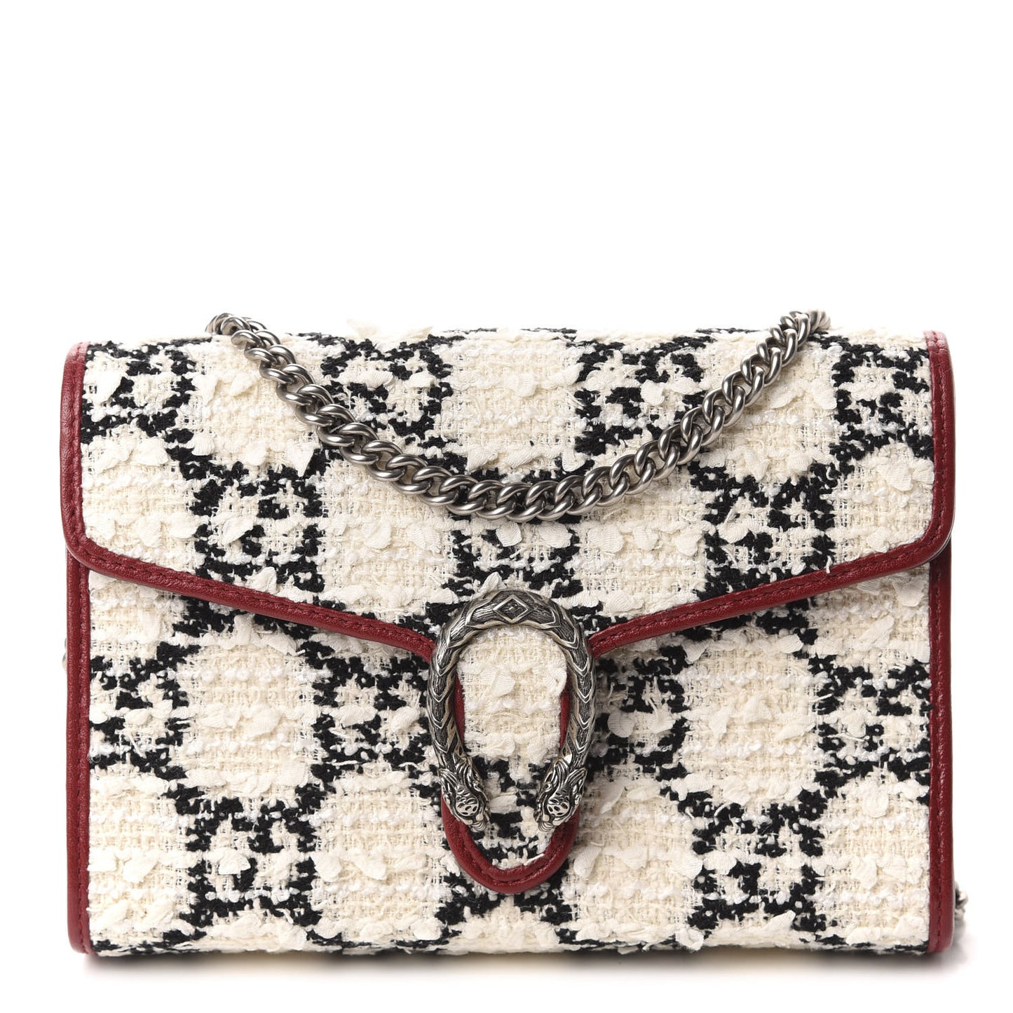 Tweed GG Monogram Mini Dionysus Chain Wallet White Black Romantic Cherry
