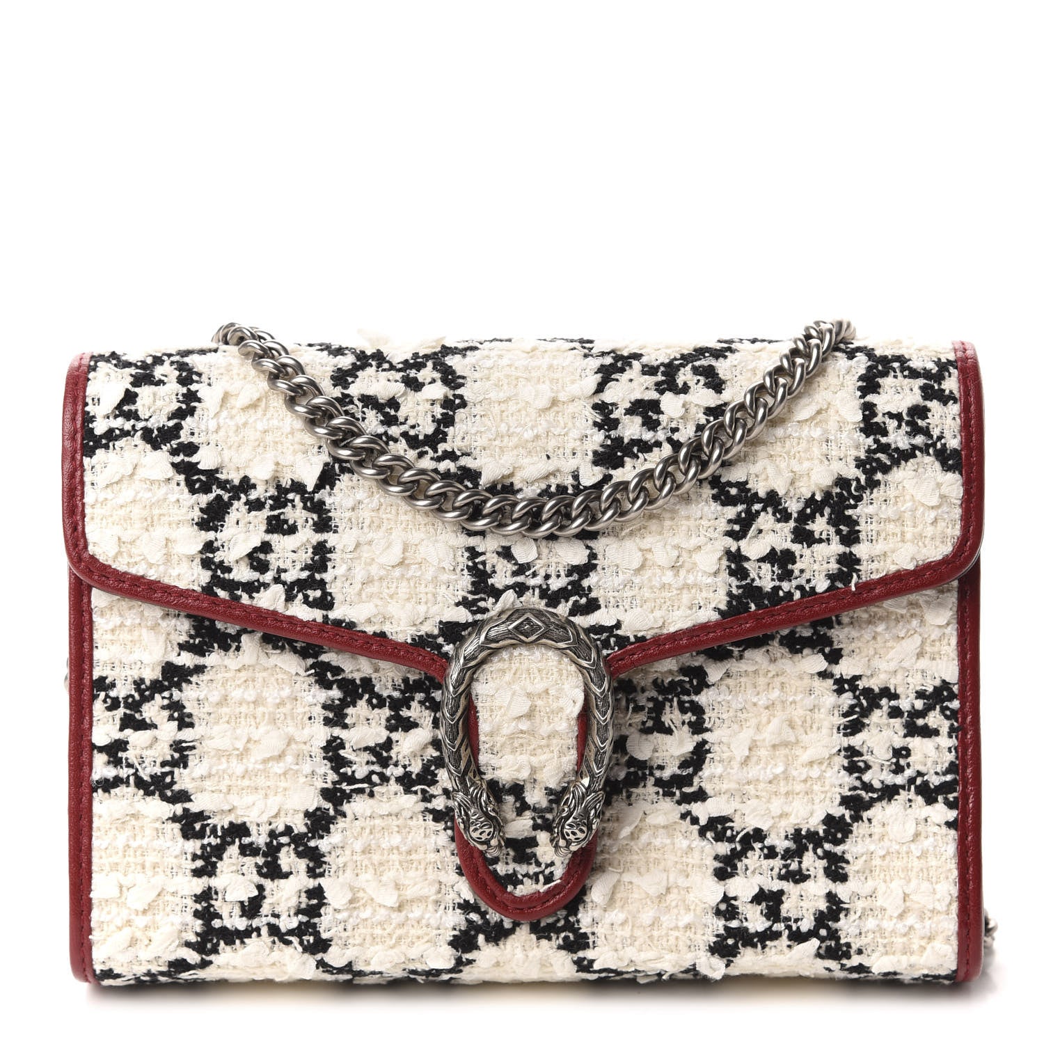 Gucci Tweed GG Monogram Mini Dionysus Chain Wallet White Black Romantic Cherry 1 of 10