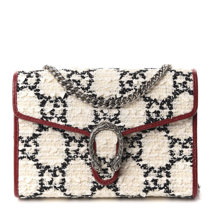 Gucci Tweed GG Monogram Mini Dionysus Chain Wallet White Black Romantic Cherry 1 of 10