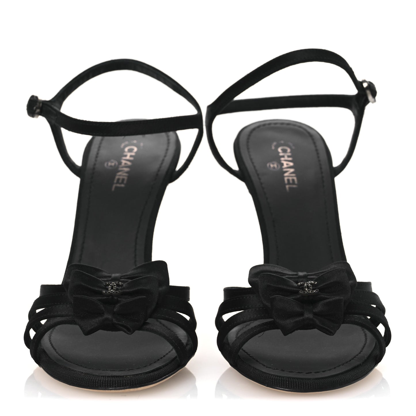 Satin Crystal CC Bow Sandals 38 Black