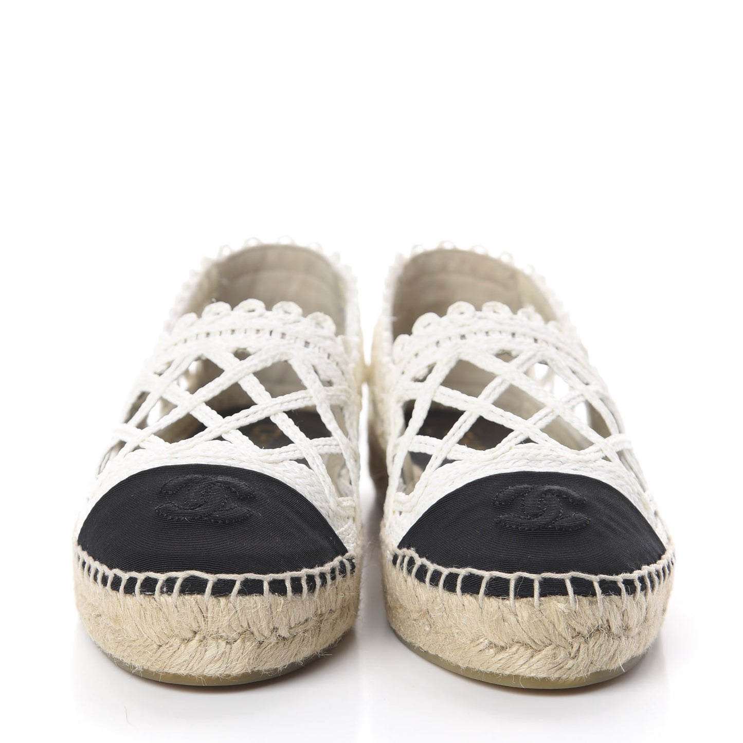 Woven Fabric Grosgrain CC Espadrilles 38 White Black
