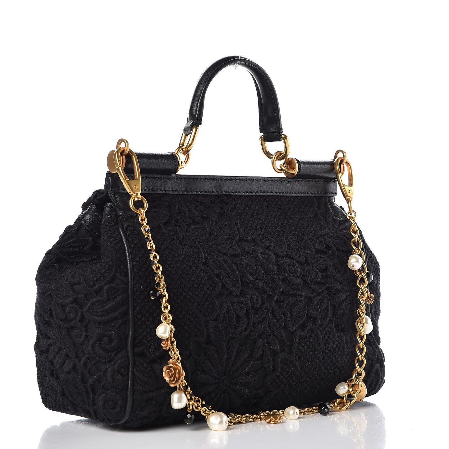 Calfskin Medium Embroidered Laser Cut Miss Sicily Satchel Black