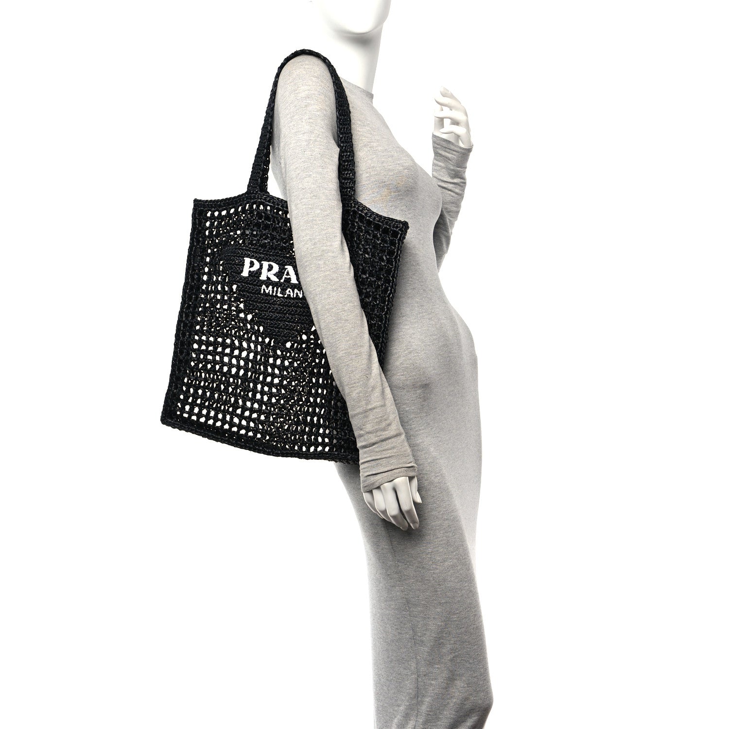 Prada Yarn Raffia Effect Crochet Logo Embroidered Tote Bag Black 2 of 9