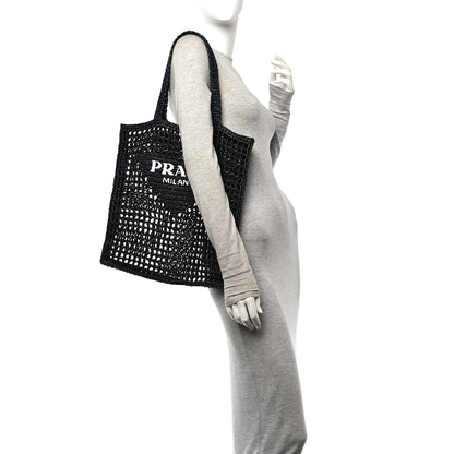 Prada Yarn Raffia Effect Crochet Logo Embroidered Tote Bag Black 2 of 9