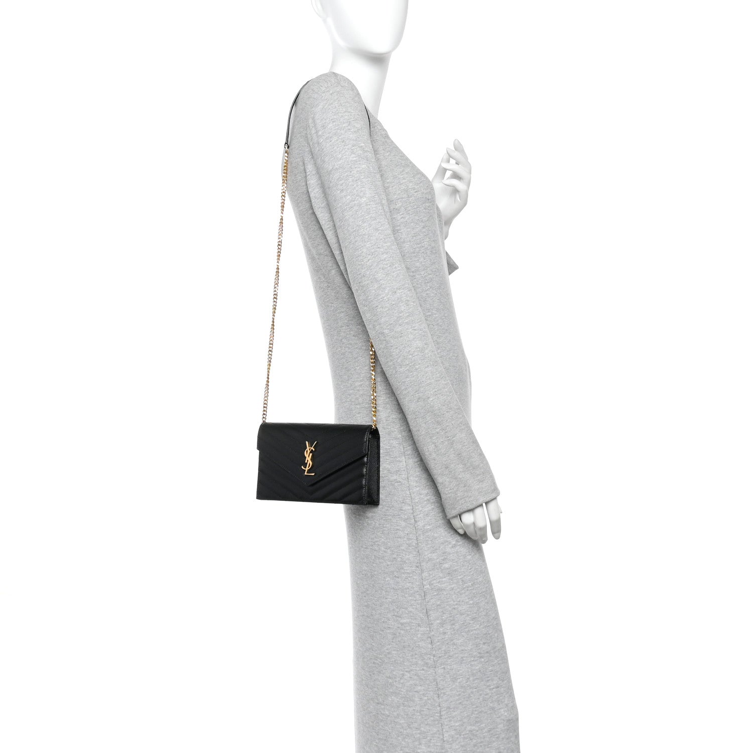 Saint Laurent Grain De Poudre Matelasse Chevron Monogram Envelope Chain Wallet Black 2 of 10