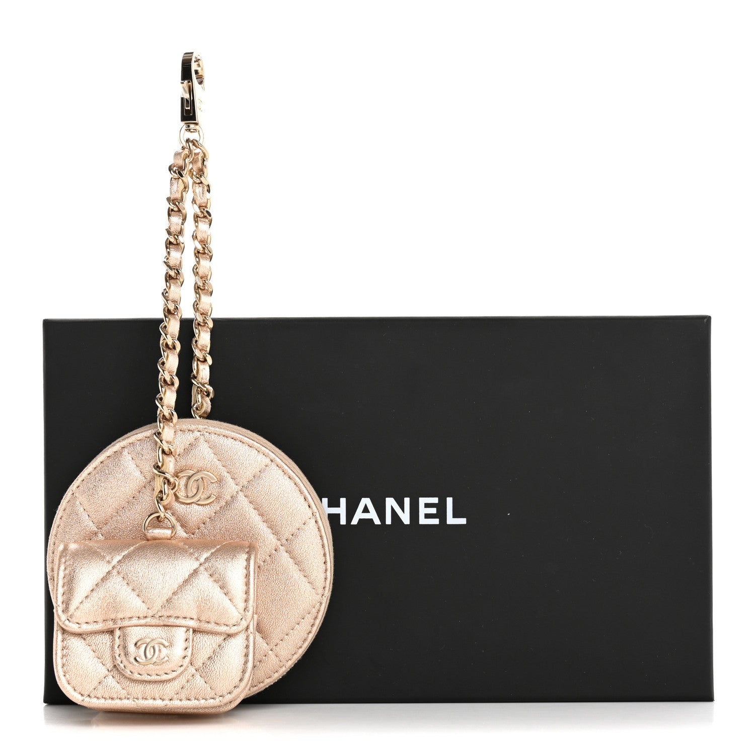 Chanel Metallic Lambskin Quilted Round Clip On Coin Purse Airpods Case Gold 9 of 9