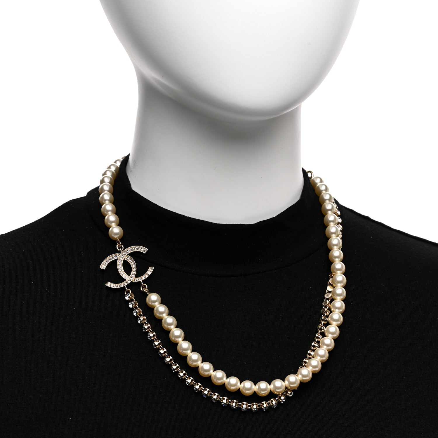 Chanel Pearl Crystal CC Double Strand Necklace Gold White 2 of 6