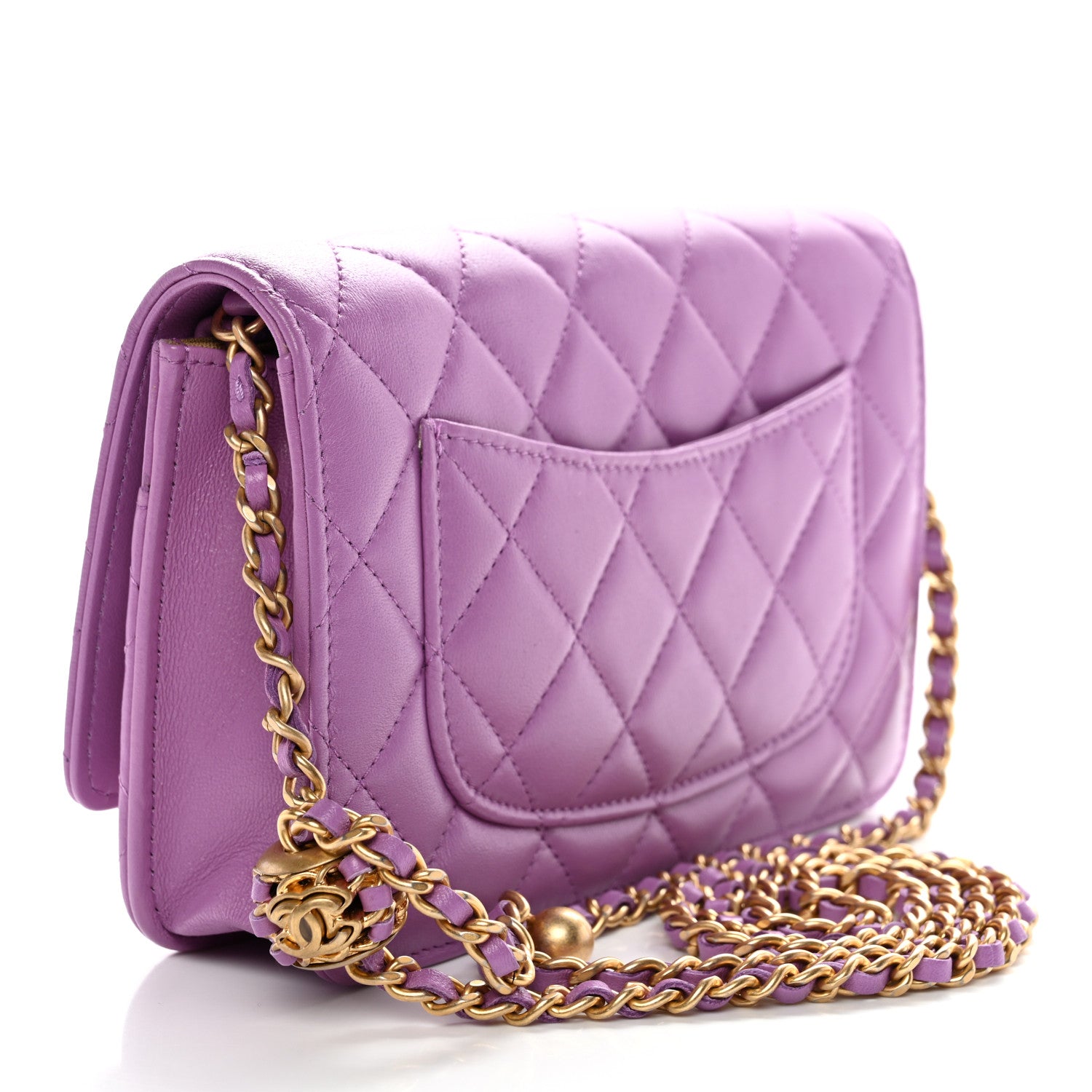 Chanel Lambskin Quilted CC Pearl Crush Wallet on Chain WOC Purple