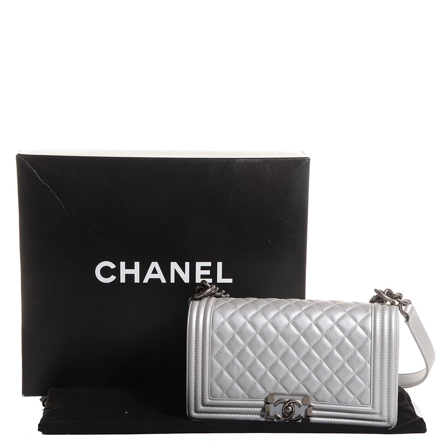 Metallic Calfskin Quilted Medium Boy Flap Silver