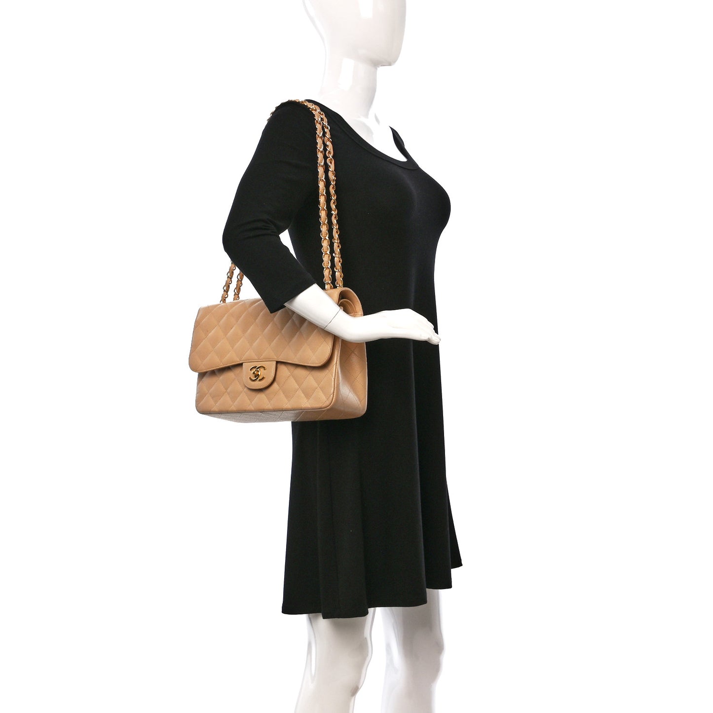 Caviar Quilted Jumbo Double Flap Beige