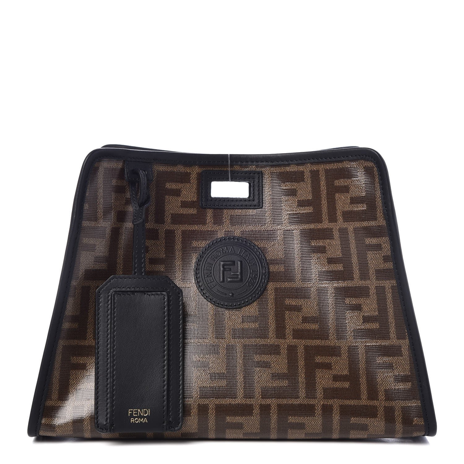 Fendi Glazed Fabric Vitello Century FF 1974 Stamp Patch Mini Peekaboo Defender Cover Mogano Panna Black 1 of 7