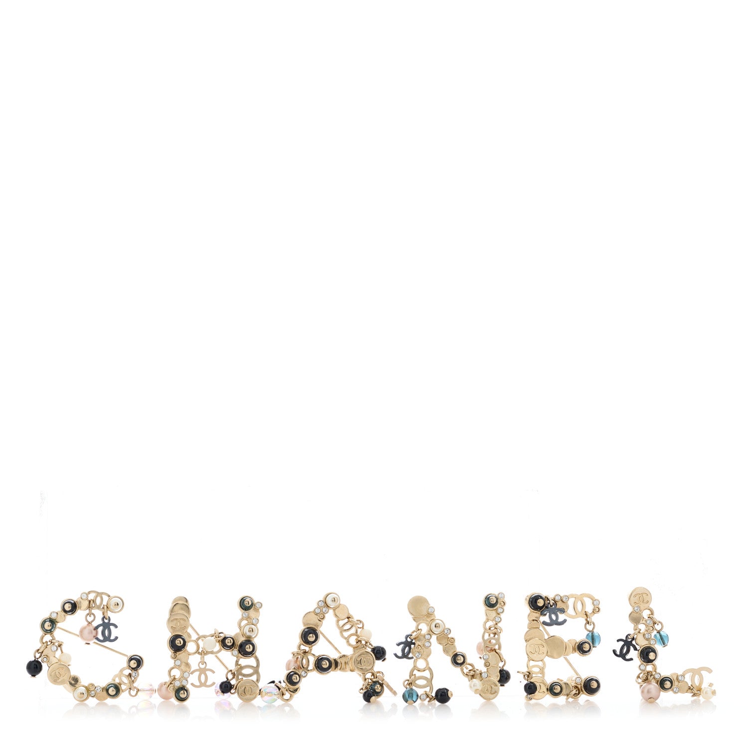 Chanel Crystal Pearl Logo Brooch Set Gold 1 of 4