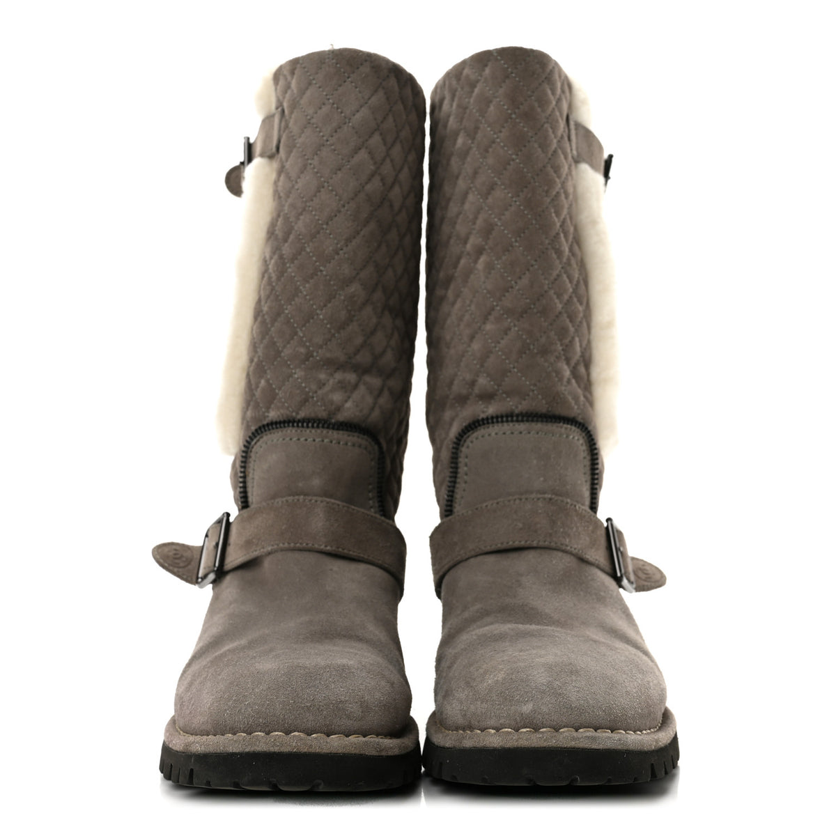 Shearling Suede Calfskin Quilted High Biker Boots 40 Grey