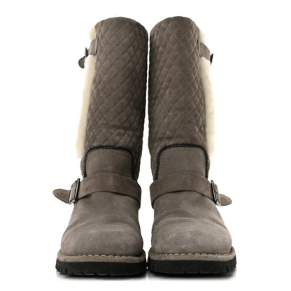 Chanel Shearling Suede Calfskin Quilted High Biker Boots 40 Grey 3 of 8