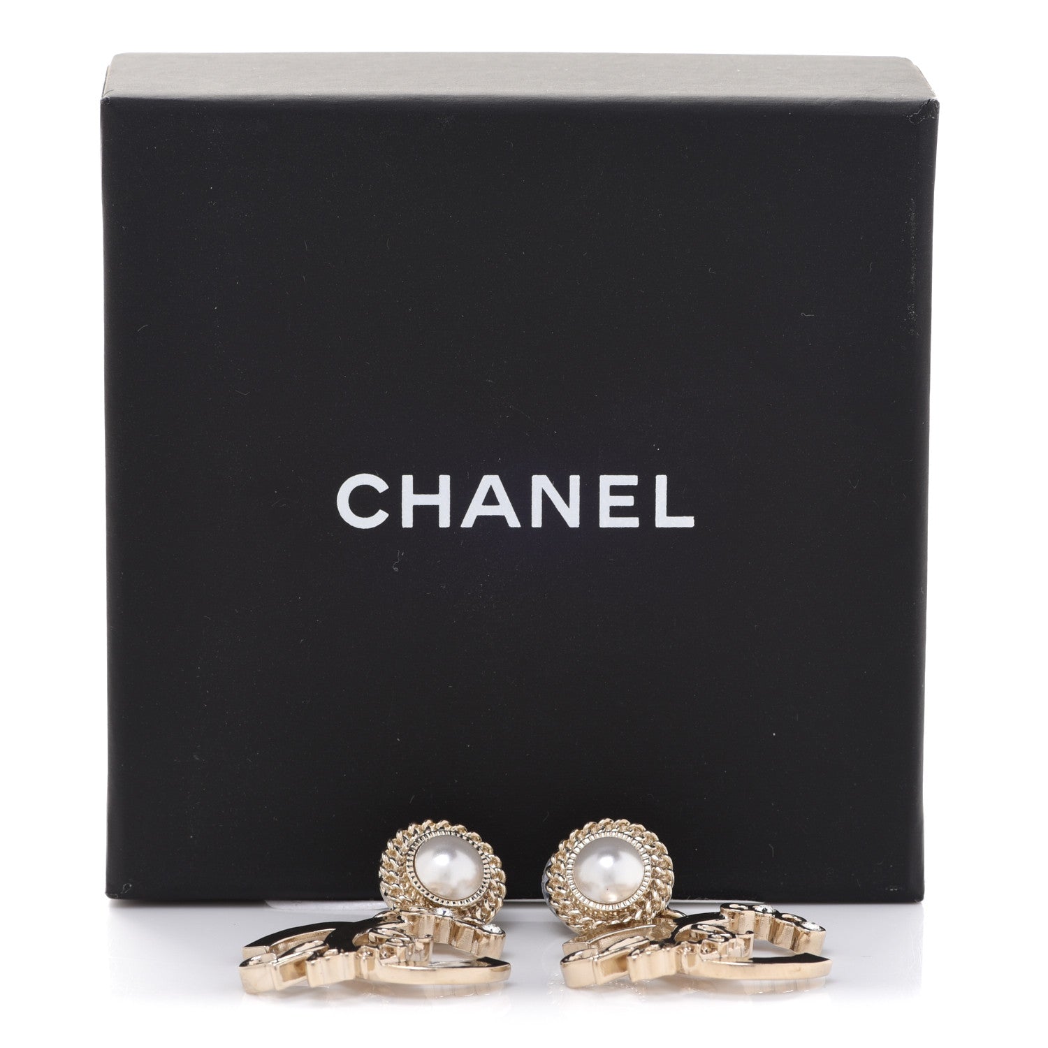 Chanel Metal Pearl Crystal Coco Script CC Drop Earrings Gold 5 of 5