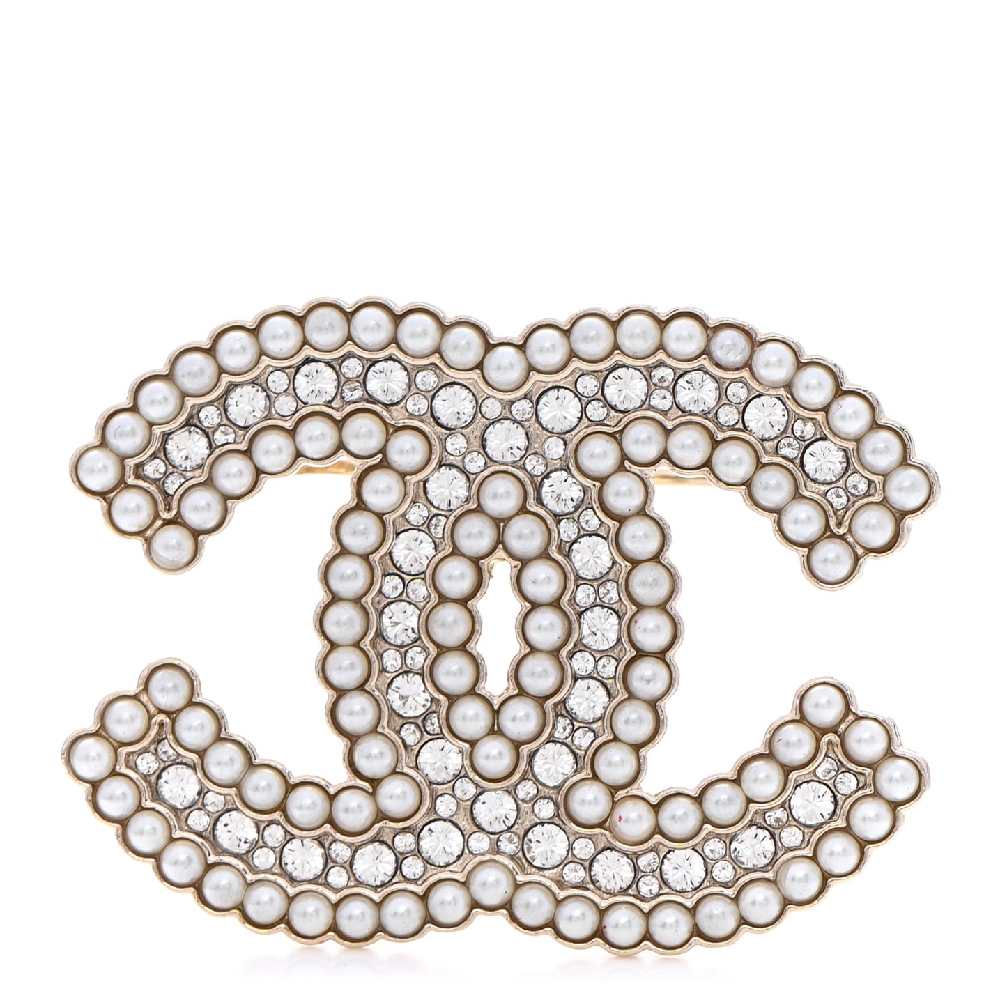 Crystal Pearl Multi Row CC Brooch Gold