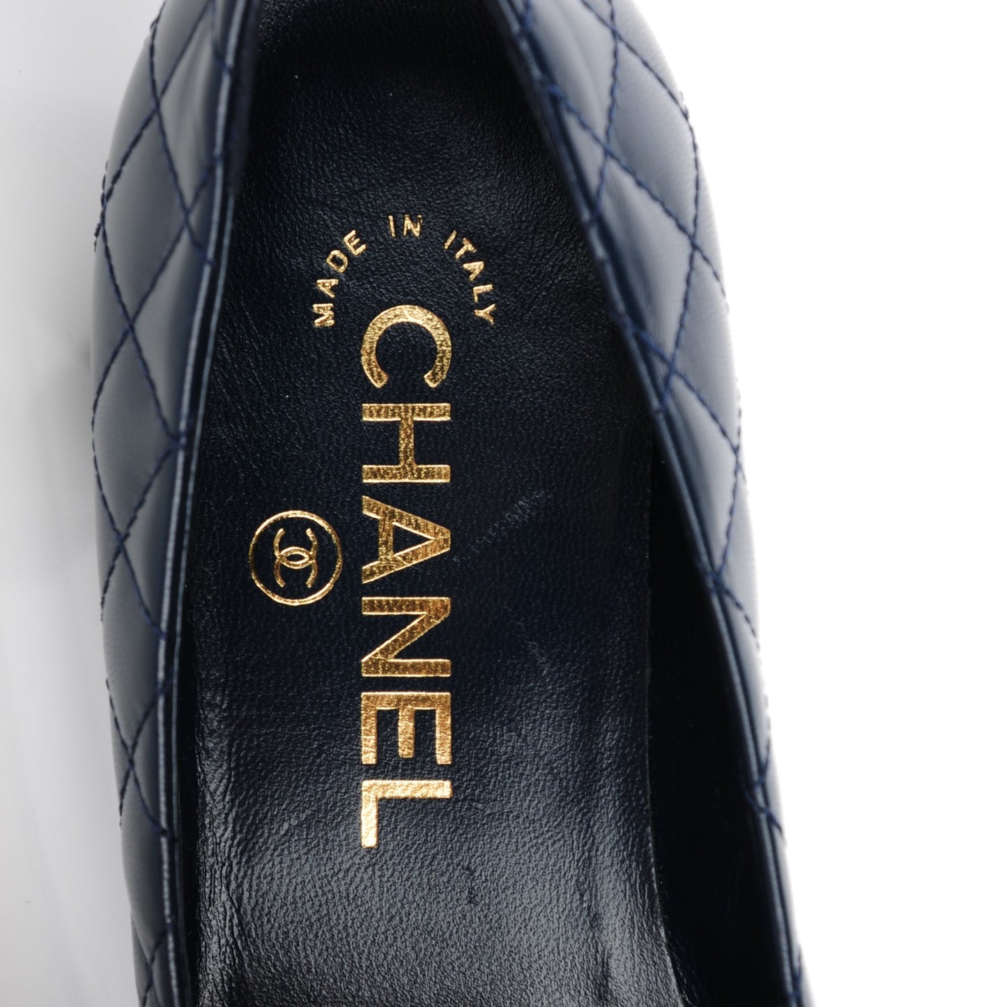 Lambskin Quilted CC Cap Toe Low Heel Ballerina Pumps 35 Navy Blue