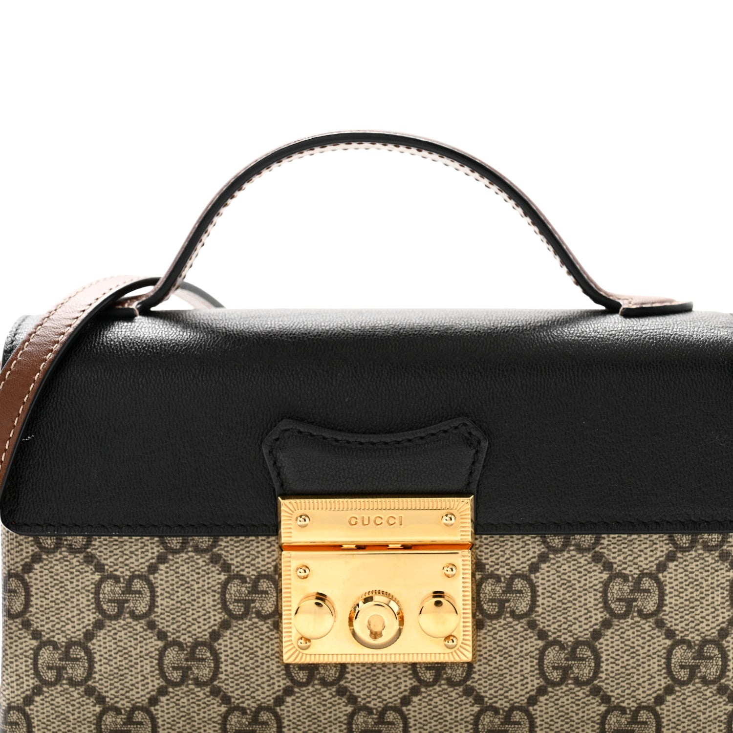 Gucci GG Supreme Monogram Calfskin Mini Padlock Top Handle Shoulder Bag Beige Black Cuir 8 of 11