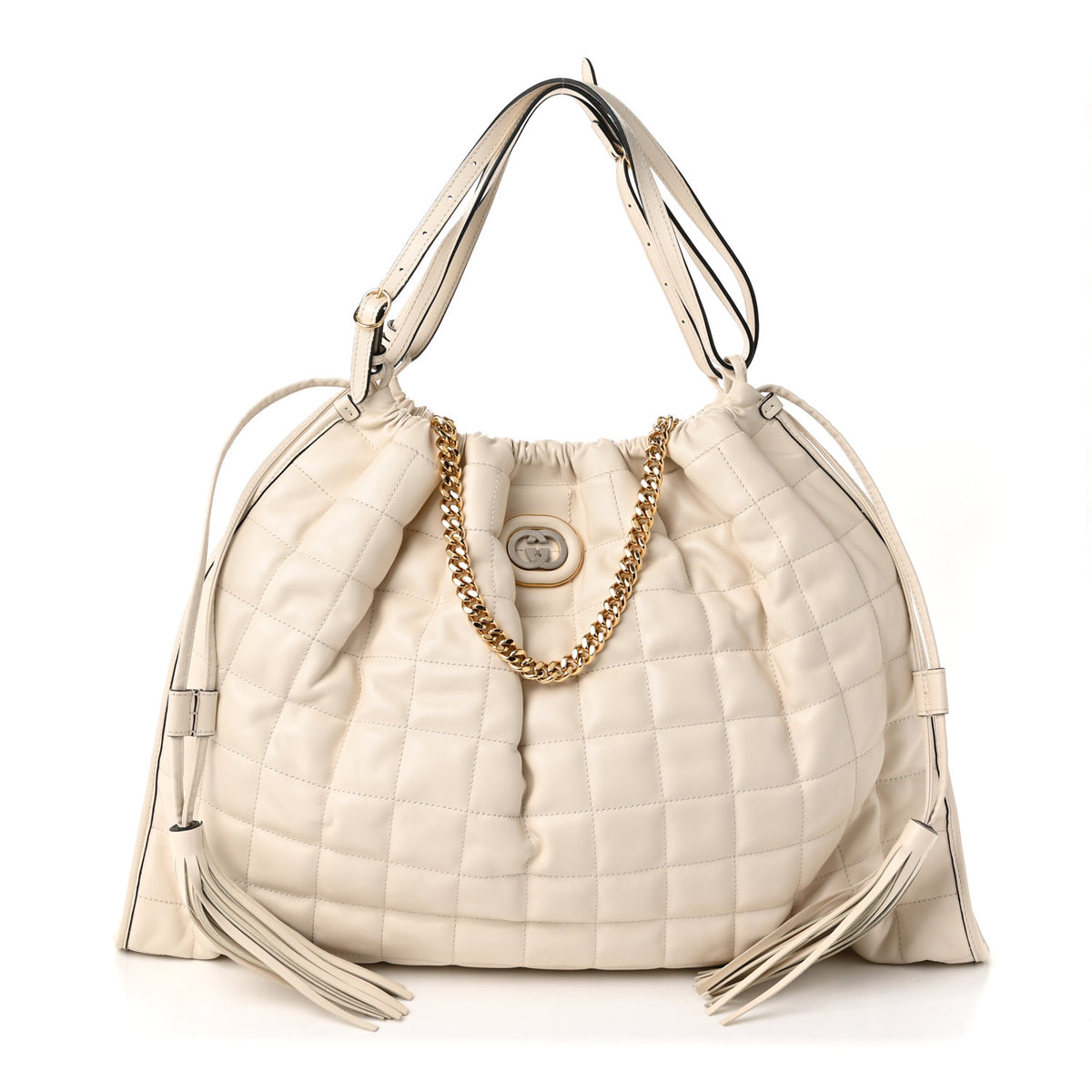 Calfskin Quilted Large Deco Tote Bag Mystic White