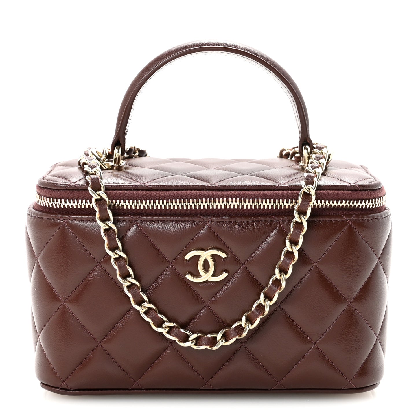 Lambskin Quilted Small Top Handle Vanity Case With Chain Dark Brown