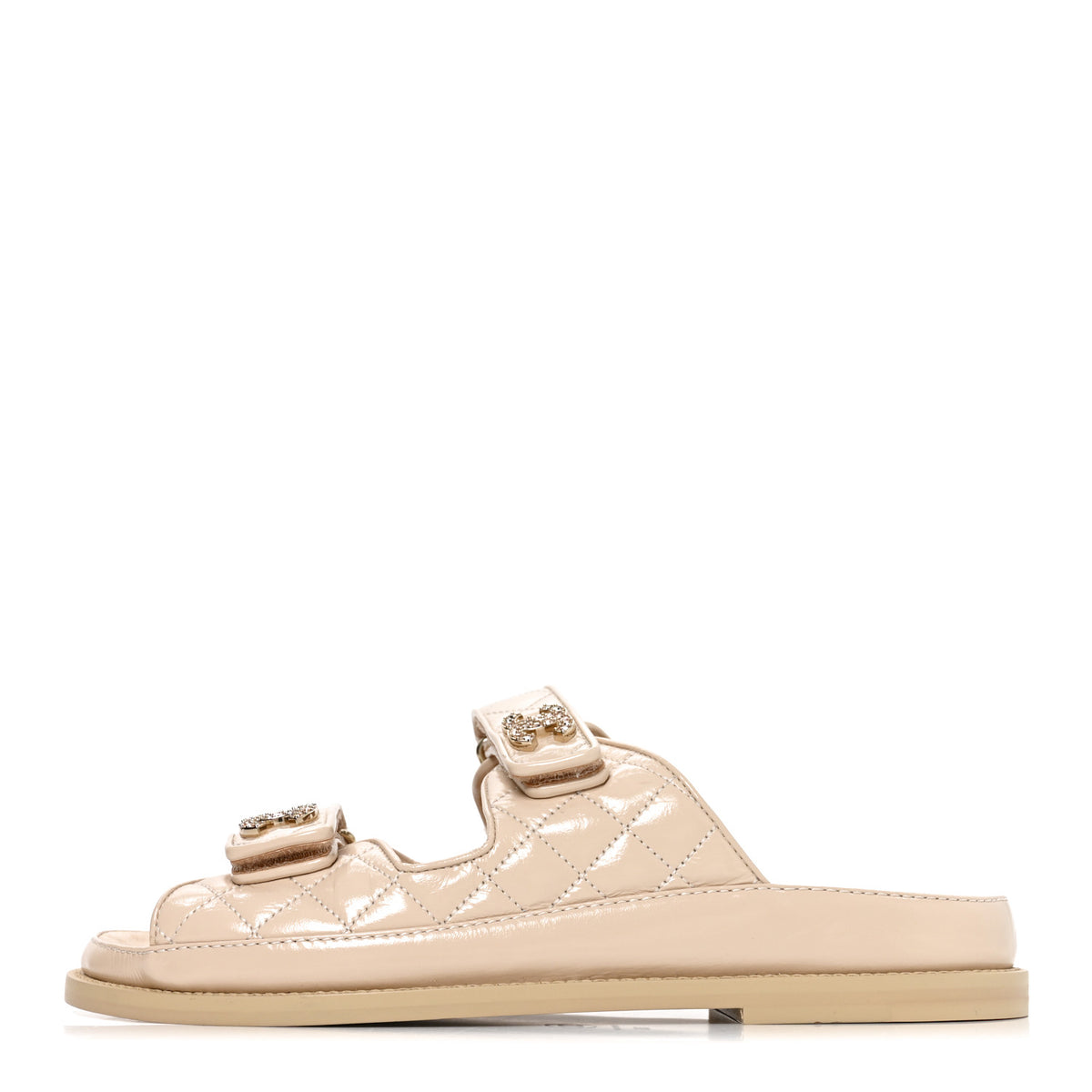Shiny Calfskin Crystal Quilted Velcro Dad CC Slide Sandals 38.5 Light Beige