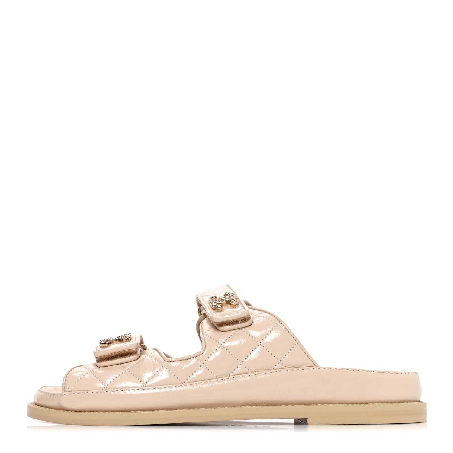 Chanel Shiny Calfskin Crystal Quilted Velcro Dad CC Slide Sandals 38.5 Light Beige 1 of 7