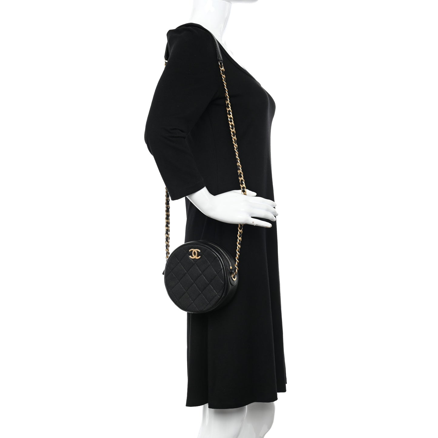 Caviar Quilted Small Round Bag With Chain Black