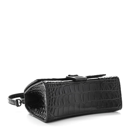 Balenciaga Shiny Calfskin Monochrome Crocodile Embossed Hourglass Top Handle Bag XS Black 4 of 12