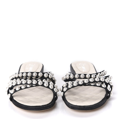 Chanel Crackled Lambskin Pearl Mule Sandals 35 Black 2 of 8