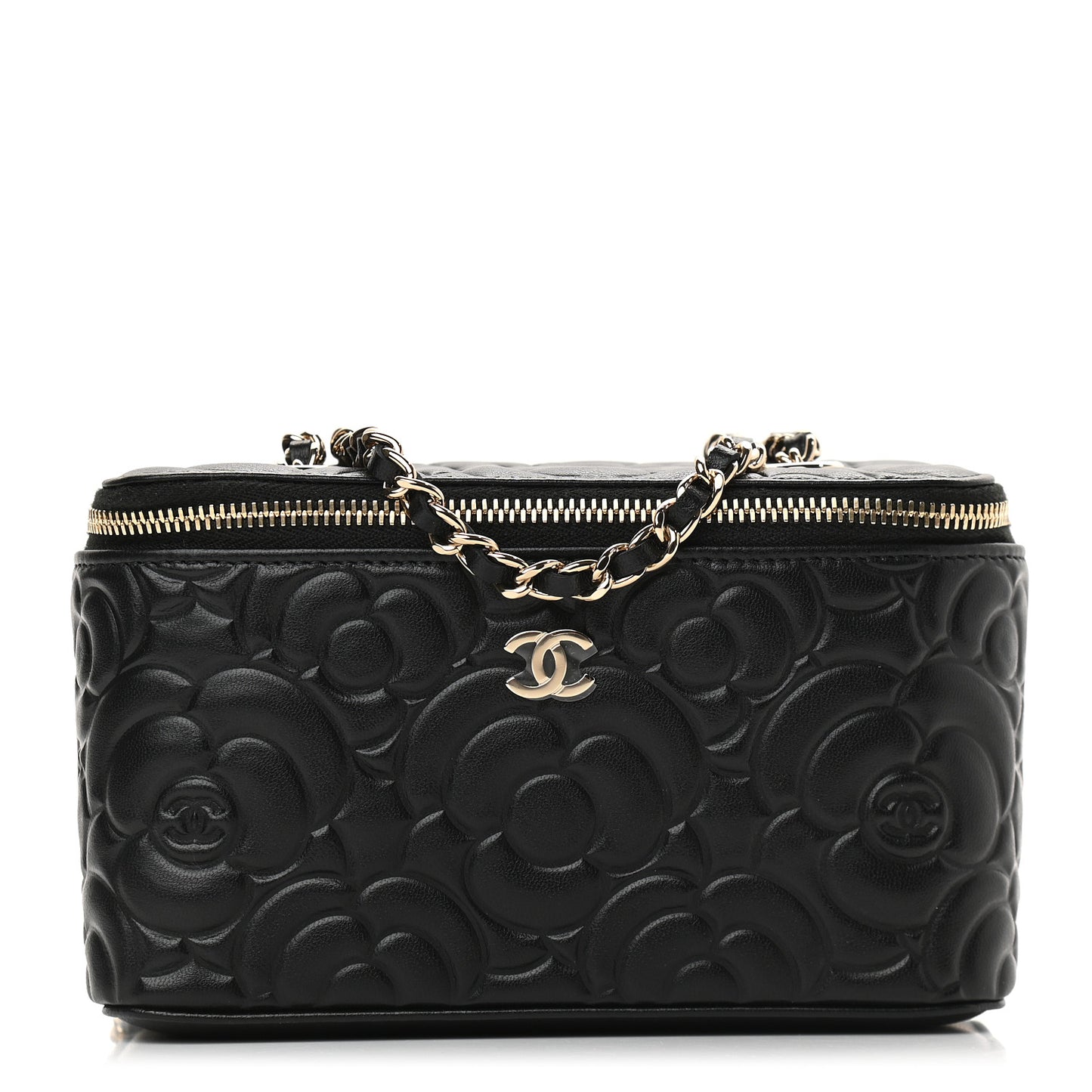 Lambskin Camellia Embossed Small Vanity Case With Chain Black