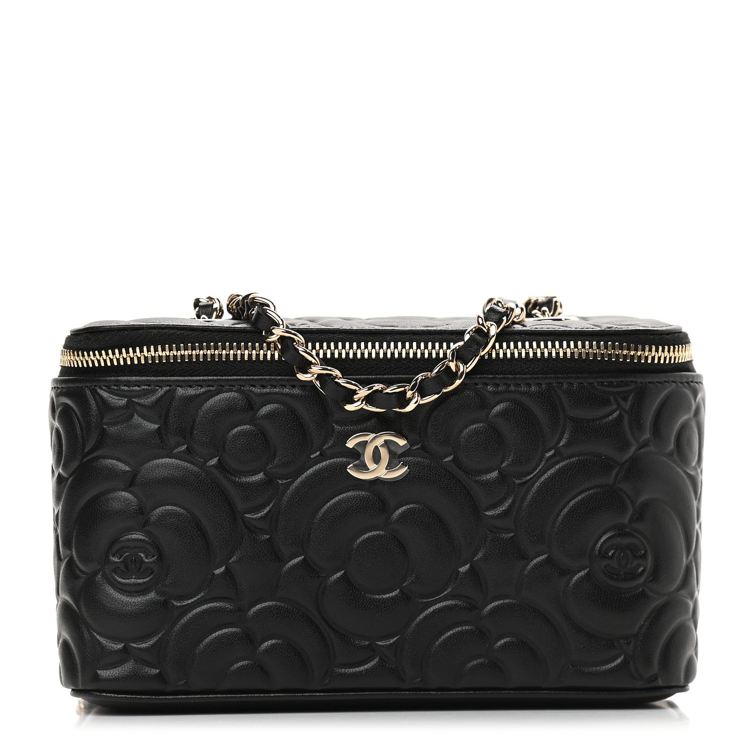 Chanel Lambskin Camellia Embossed Small Vanity Case With Chain Black 1 of 9