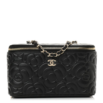 Chanel Lambskin Camellia Embossed Small Vanity Case With Chain Black 1 of 9
