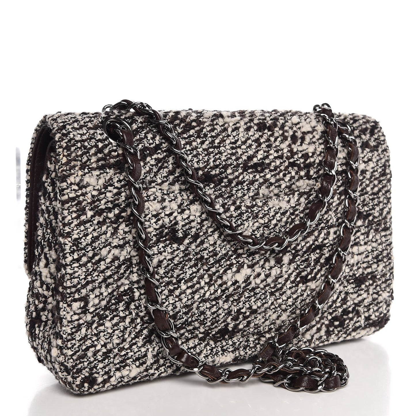 Tweed Quilted Medium Double Flap White Brown