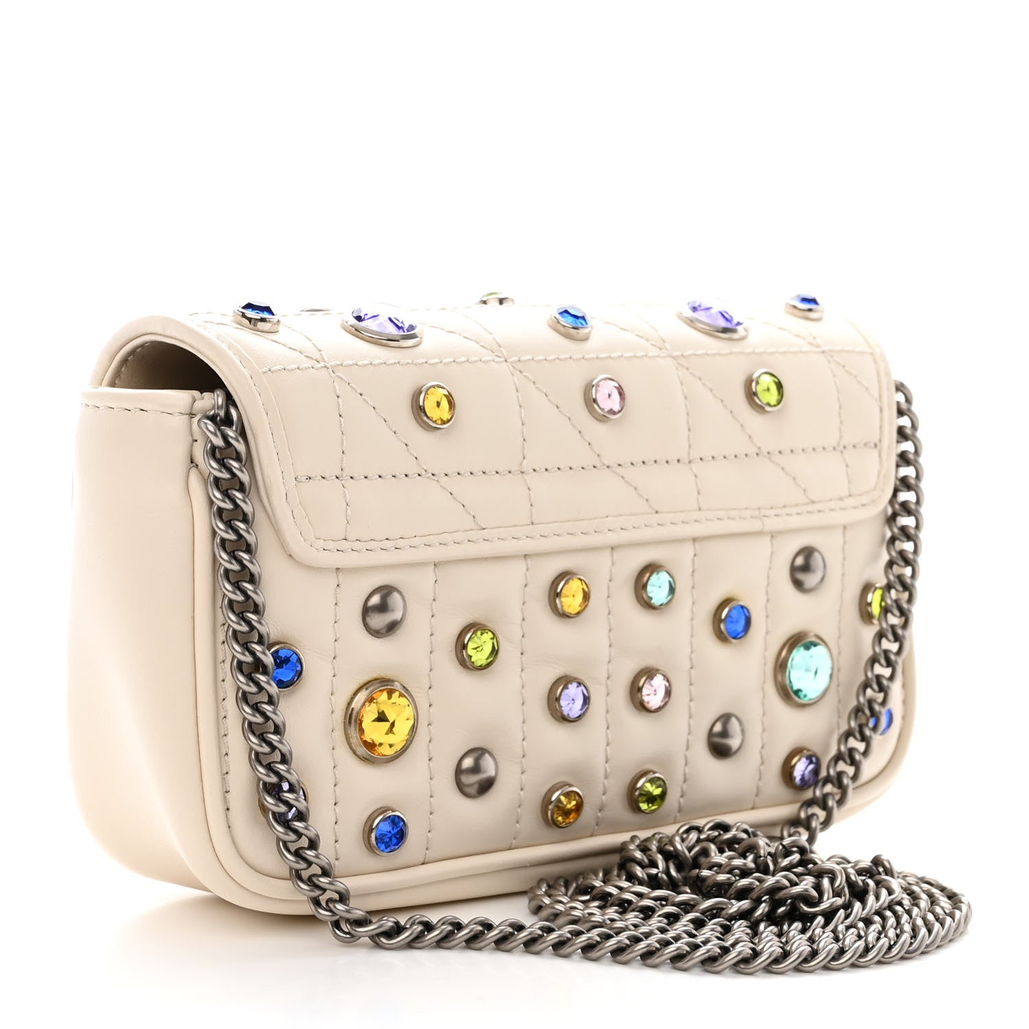 Gucci Calfskin Crystal Matelasse Aria Super Mini GG Marmont Shoulder Bag Mystic White Multicolor 3 of 11