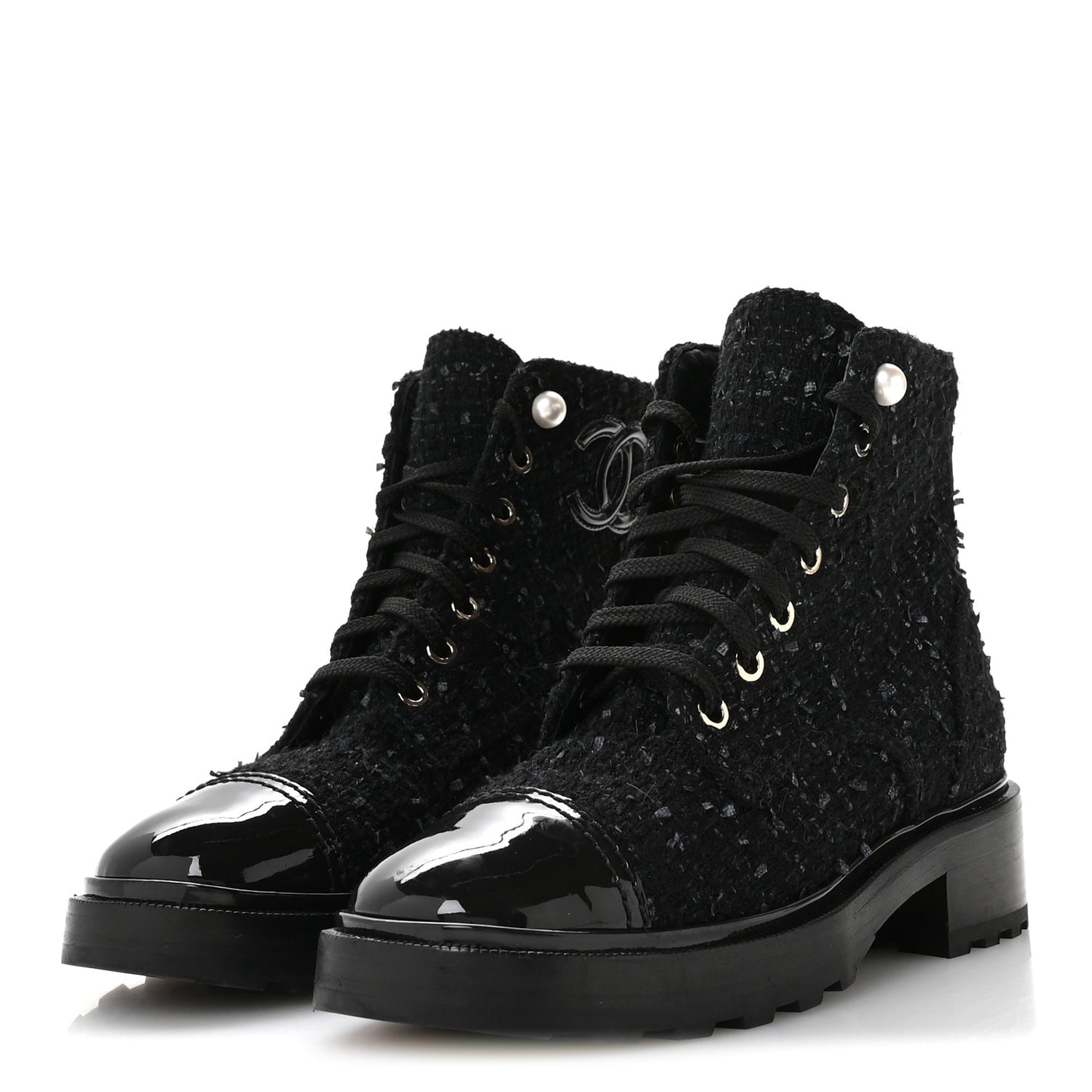 Tweed Patent Calfskin Pearl Combat Short Boots 37  Black Grey Blue
