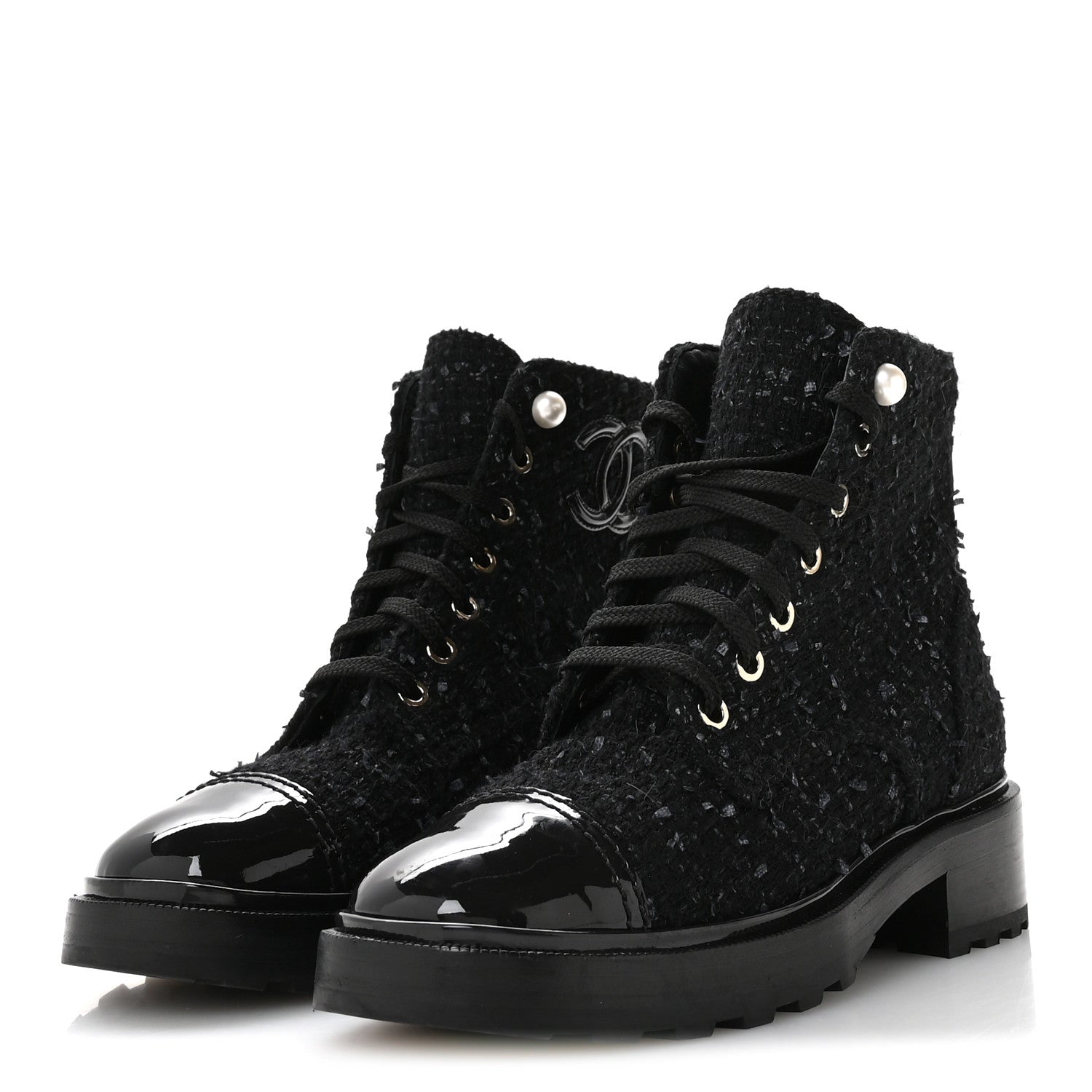 Chanel Tweed Patent Calfskin Pearl Combat Short Boots 37  Black Grey Blue 4 of 8