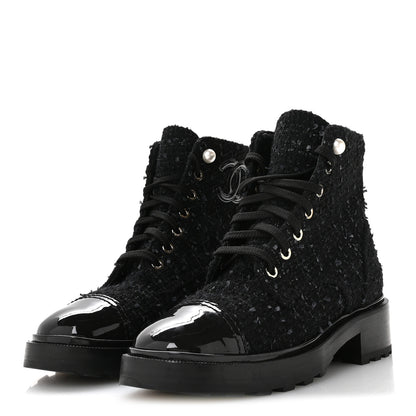 Chanel Tweed Patent Calfskin Pearl Combat Short Boots 37  Black Grey Blue 4 of 8