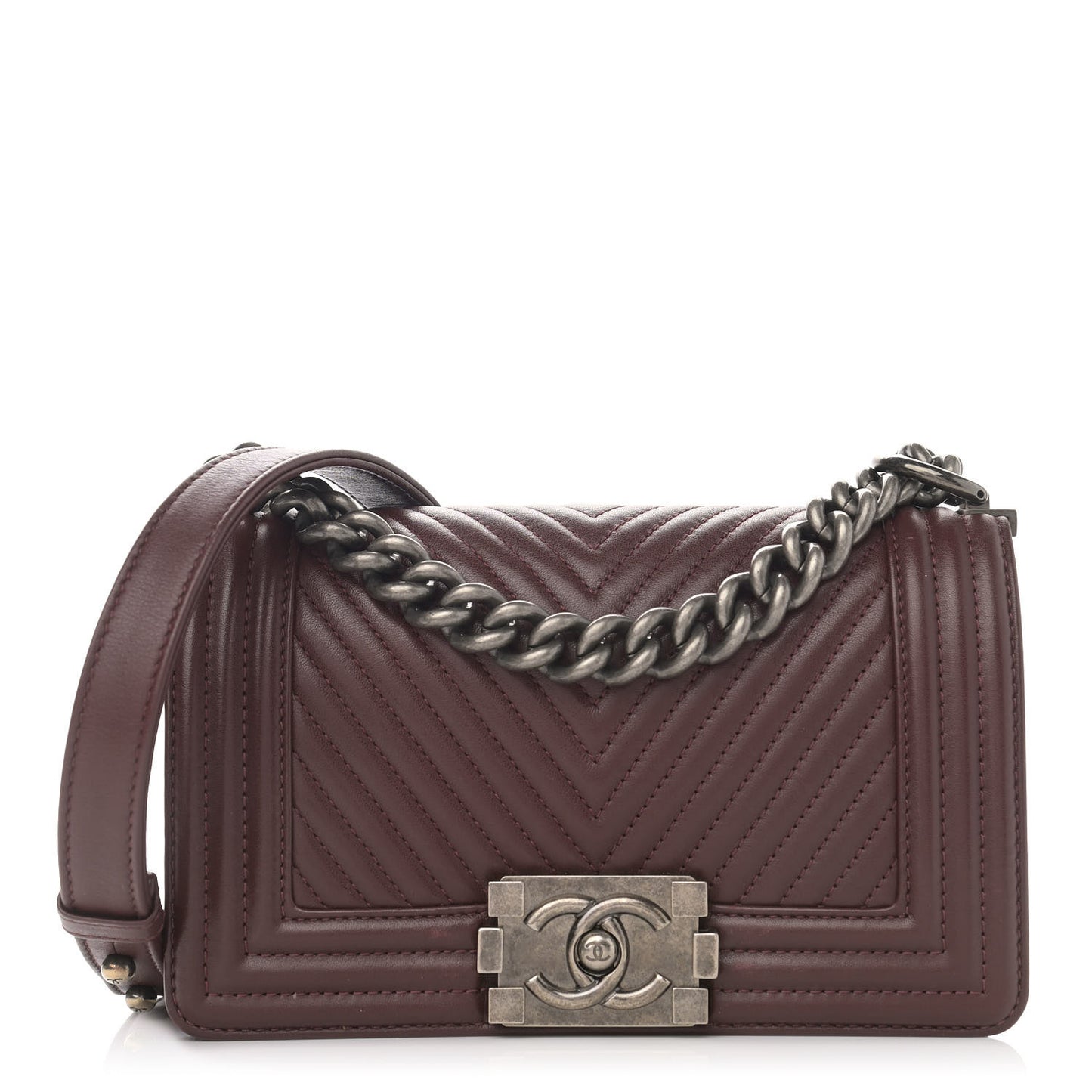 Calfskin Chevron Quilted Small Boy Flap Burgundy