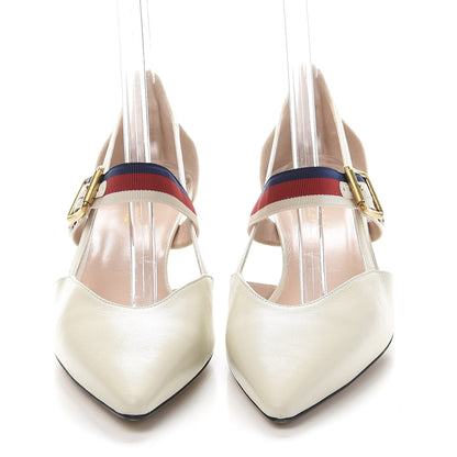 Gucci Malaga Kid Grosgrain Sylvie Web Bamboo Low Heel Pumps 40 White 2 of 9